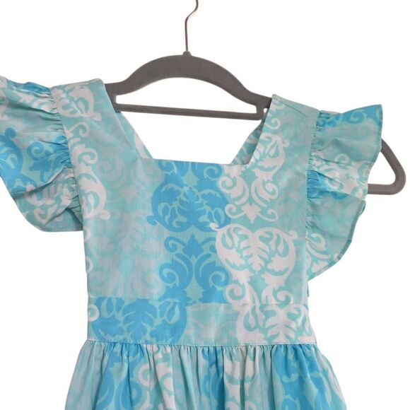 Eleanor Rose Girl's Size 6-7 Blue White Swirl Velma 530 Ruffle Sleeve Sundress - Picture 3 of 5